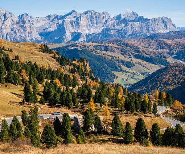 Autumn Alpine Dolomites Mountain Scene Sudtirol Italy Peaceful View Gardena — Stok fotoğraf