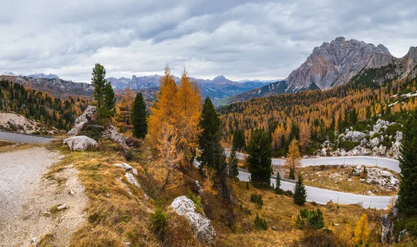 曇りの朝の秋の高山ドロマイト山のシーン 穏やかなValparola Pathビュー ベルーノ イタリア 絵になる旅 自然美のコンセプトシーン — ストック写真