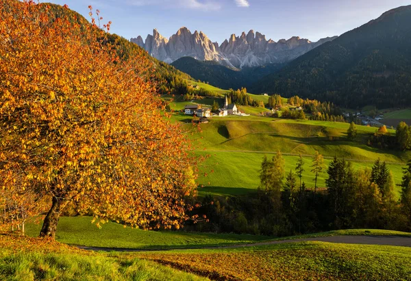 Herbstabend Santa Magdalena Berühmtes Italienisches Dolomitendorf Mit Blick Auf Die — Stockfoto
