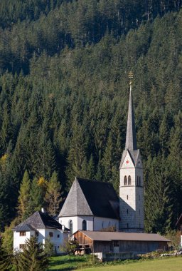 Huzurlu sonbahar Alps dağları güneşli kırsal manzara, Gosau köyündeki kilise ormanın yakınında, Avusturya.