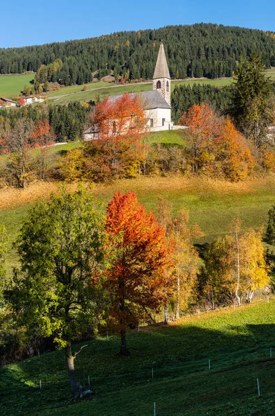 Jesienny Poranek Santa Magdalena Słynny Włochy Dolomity Widok Kościół Górski — Zdjęcie stockowe