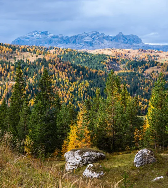 Poranna Jesienna Scena Górska Dolomitów Spokojny Widok Pobliżu Przełęczy Valparola — Zdjęcie stockowe