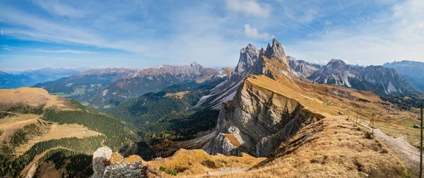 Picturesque autumn Alps mountain scene, famous italian Dolomites Seceda majestic rock, Sass Rigais, Sudtirol, Italy. Beautiful traveling, seasonal and nature beauty concept scene.