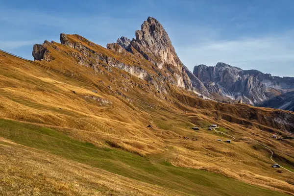 Scène Pittoresque Des Alpes Automne Célèbre Rocher Italien Dolomites Seceda — Photo