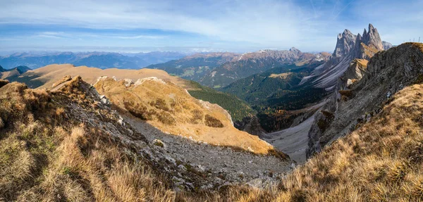 Outono Pitoresco Alpes Cena Montanha Famoso Italiano Dolomites Seceda Majestoso — Fotografia de Stock