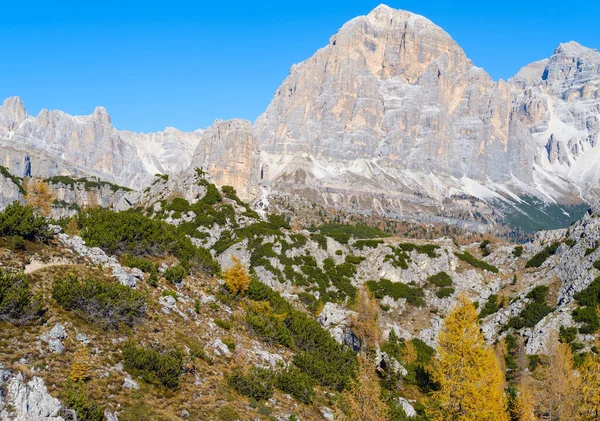 Słoneczny Malowniczy Jesienny Alpejski Dolomity Skalisty Widok Góry Ścieżki Turystycznej — Zdjęcie stockowe