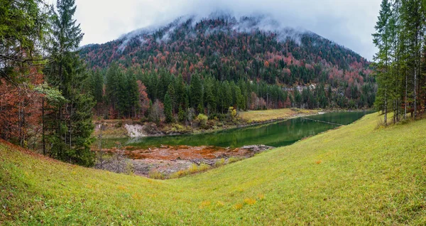 Alpine Sylvenstein Stausee Lake Isar River Bavaria Germany Autumn Overcast — Stock Photo, Image