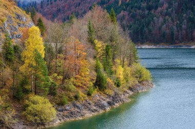 Alpine Sylvenstein Stausee Gölü, Isar nehri, Bavyera, Almanya. Sonbahar bulutlu, sisli ve çiselemeli bir gün. Resimli seyahat, mevsimsel, hava ve doğa güzelliği konsepti.
