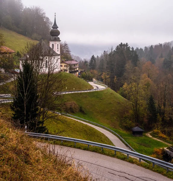 Overcast Foggy Autumn Morning Small Famous Maria Gern Pilgrimage Church — Stock Photo, Image