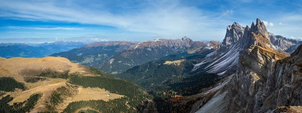 Picturesque autumn Alps mountain scene, famous italian Dolomites Seceda majestic rock, Sass Rigais, Sudtirol, Italy. Beautiful traveling, seasonal and nature beauty concept scene.