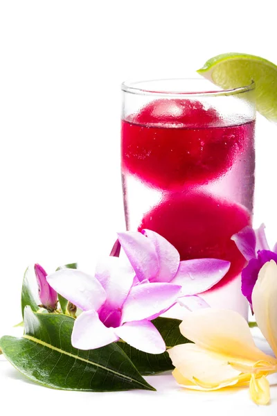 Refrescante cóctel tropical con flores frescas —  Fotos de Stock