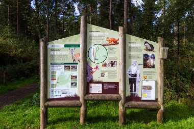 Kinkardine, İskoçya - 16 Eylül 2019: Devilla Ormanı 'ndaki Kızıl Sincap patikasına başlangıç noktası, Fife Uk 16 Eylül 2019