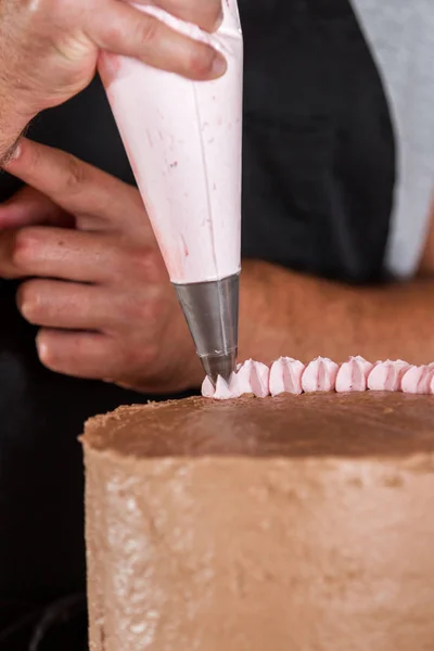 Close Chefs Hands Decorating Birthday Cake Strawberry Moose Top Chocolate — Stock Photo, Image