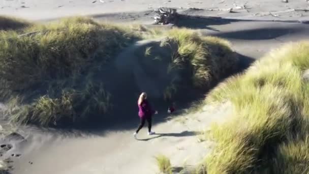 Passeggiando Con Cane Attraverso Dune Sabbia Erbose Della Costa Dell — Video Stock