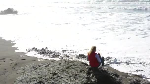 Frau Auf Einem Felsen Beobachtet Wie Sich Die Wellen Der — Stockvideo