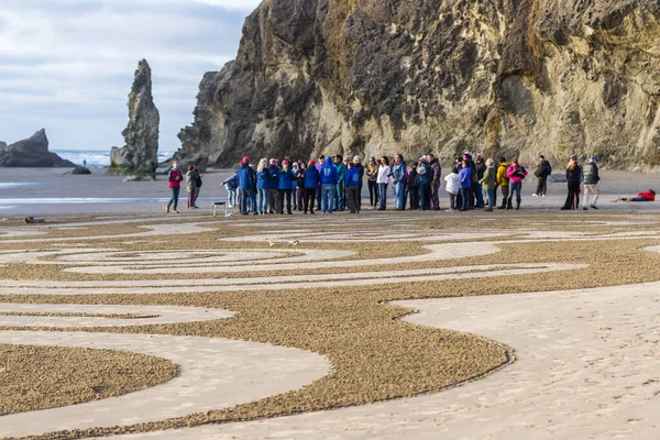 Bandon Sea Oregon Estados Unidos Febrero 2020 Equipo Circles Sand — Foto de Stock