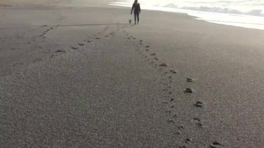Oregon 'un güneyindeki güzel Nesika Sahili' nde küçük bir köpeği gezdiren kadın.. 