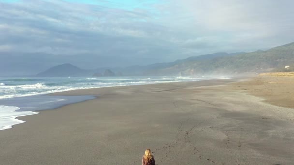 Mulher Passeando Pequeno Cão Bela Praia Nesika Sul Costa Oregon — Vídeo de Stock