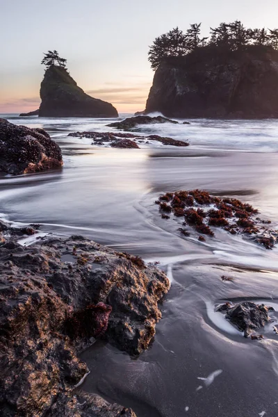 Konec Dne Tajné Pláži Přílivem Pomalu Přichází Osamělou Mořskou Hvězdou — Stock fotografie