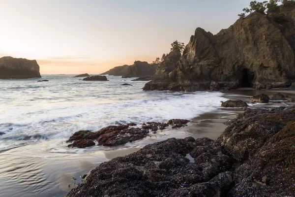 Soleil Couche Sur Secret Beach Dans Sud Côte Oregon Coucher — Photo