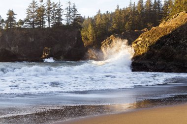 Güneş, Oregon 'daki Gizli Plaj' da bir kaya sandığı yarışmasına çarpan bir dalgayı aydınlatırken parlak bir sıçrama.