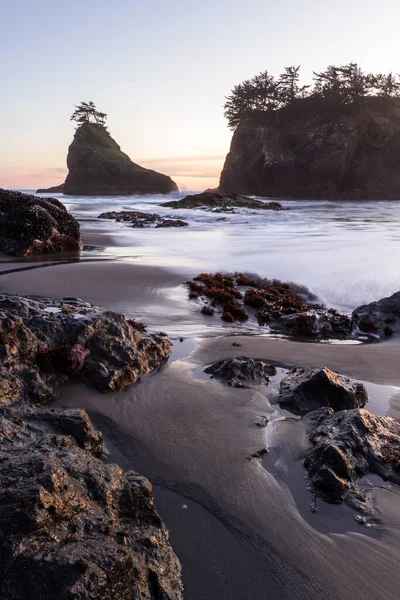 Slunce Zapadá Tajné Pláži Jižním Pobřeží Oregonu Při Západu Slunce — Stock fotografie
