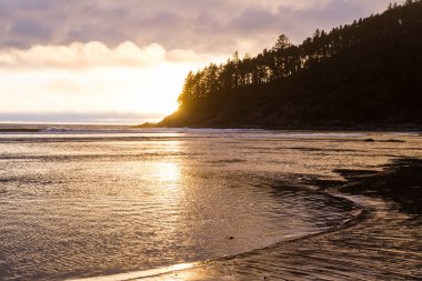 Güney Oregon sahilindeki Hunterlar Koyu 'ndan görülen alçak gelgitte suya yansıyan renkli bulutlar.
