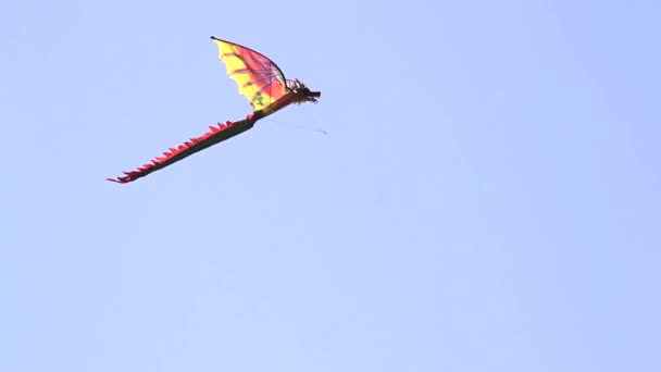 強い一定の風と雲のない青空に龍の形の凧を飛んで — ストック動画