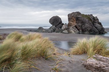 Gold Beach Oregon 'daki ünlü bir kayanın akşam manzarası, rüzgarda uzun otlar esen Kaplumbağa Kayası ve ön planda büyük bir tahta parçası.
