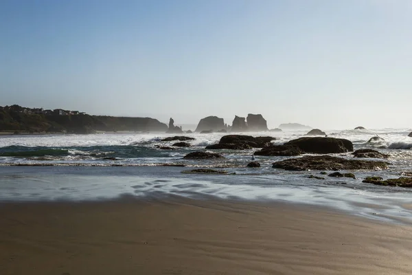 바다가 쌓이고 바위가 드러나는 오레건의 아름다운 해안선 갈매기와 썰물에 노출되어 — 스톡 사진