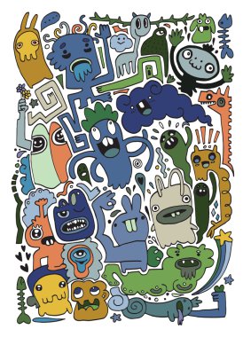 Canavarlar ve sevimli uzaylı Dostu, elle çizilmiş canavarlar koleksiyonu