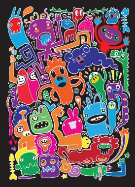 Canavarlar ve sevimli uzaylı Dostu, elle çizilmiş canavarlar koleksiyonu