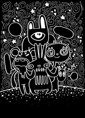 Elle çizilmiş deli doodle canavar şehir, çizim stili