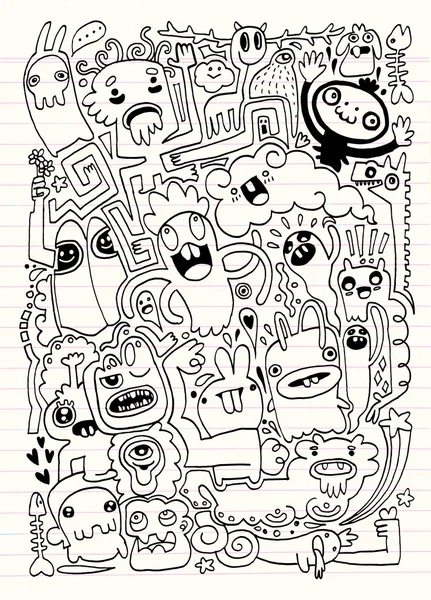 Monstruos y lindo alien friendly, colección de monstruos dibujados a mano — Vector de stock