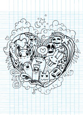 doodle kalp şekli ve doodleMonsters kroki. Vektör illustra
