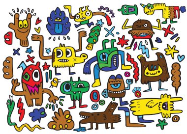 Canavarlar ve sevimli uzaylı Dostu, elle çizilmiş canavarlar koleksiyonu