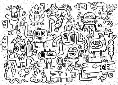 Canavarlar ve sevimli uzaylı Dostu, elle çizilmiş canavarlar koleksiyonu