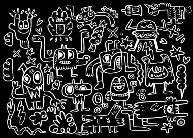 Canavarlar ve sevimli uzaylı Dostu, elle çizilmiş canavarlar koleksiyonu