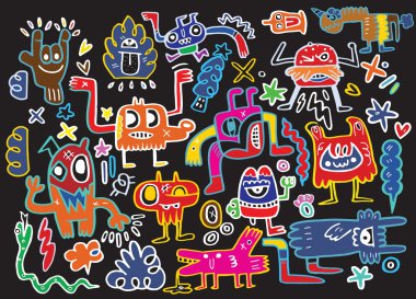 Canavarlar ve sevimli uzaylı Dostu, elle çizilmiş canavarlar koleksiyonu