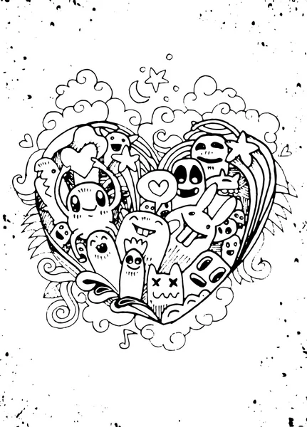 Gribouille forme de coeur et gribouille Croquis de monstres. Illustrtra vectoriel — Image vectorielle