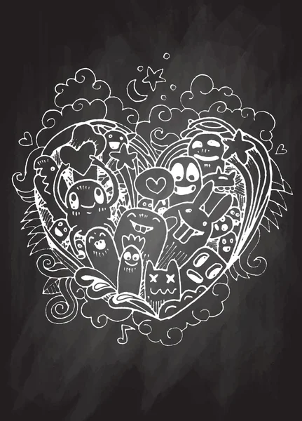 Doodle heart shape  and doodles Monsters sketch. Vector illustra — Stock Vector