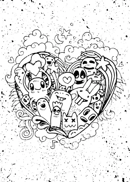 doodle heart shape  and doodles Monsters sketch. Vector illustra