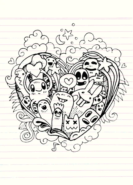 Doodle heart shape  and doodles Monsters sketch. Vector illustra — Stock Vector