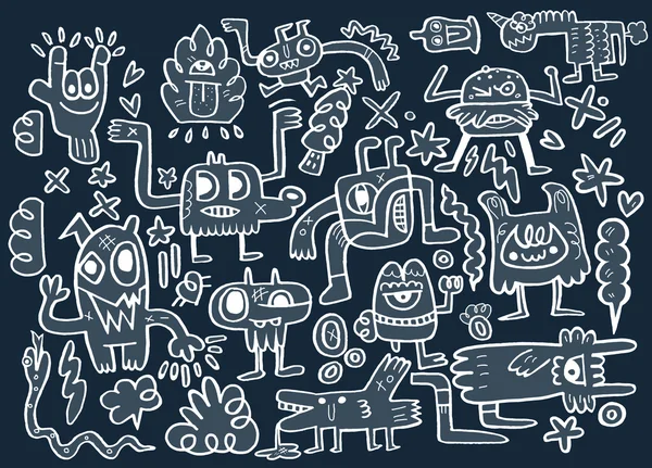 Monstruos y lindo alien friendly, colección de monstruos dibujados a mano — Vector de stock