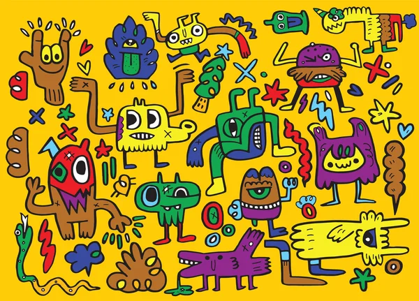 Szörnyek és a barátságos, aranyos idegen kézzel rajzolt szörnyek gyűjtemény — Stock Vector