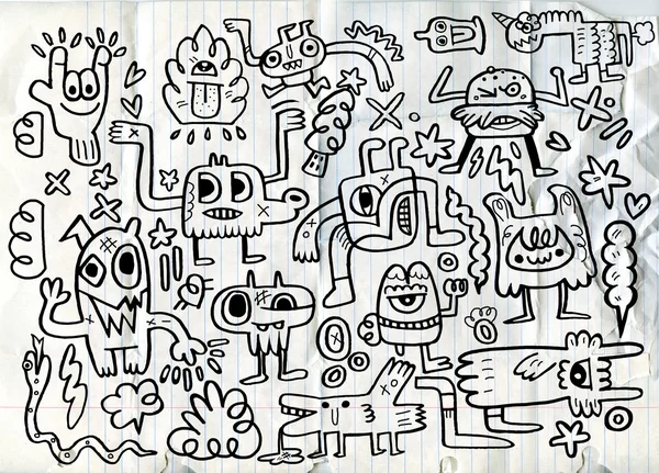 Monstruos y lindo alien friendly, colección de monstruos dibujados a mano — Vector de stock