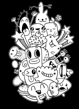 Canavarlar ve sevimli uzaylı dostu vektör çizim