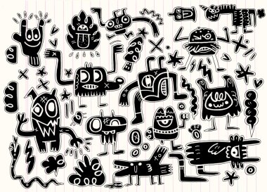 Canavarlar ve sevimli uzaylı Dostu, elle çizilmiş canavarlar koleksiyonu