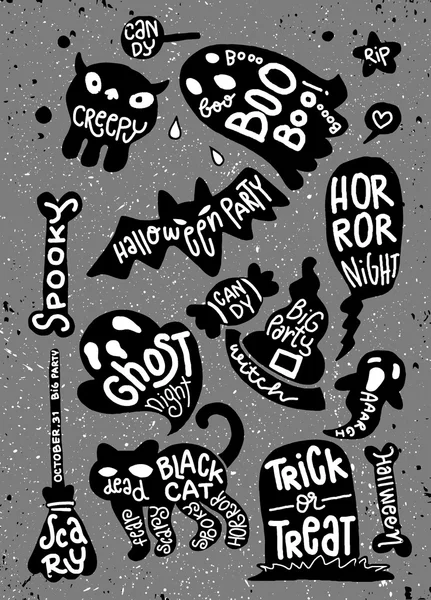 Conjunto de personajes de Halloween con texto interior. Grunge tipográfico — Archivo Imágenes Vectoriales