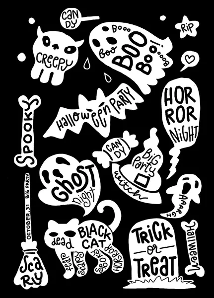 Conjunto de personagens de Halloween com texto dentro. Grunge Tipográfico — Vetor de Stock